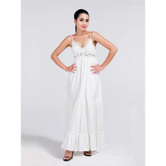 Southern Fried Chics White Lace Boho Maxi Dress Ballet Straps | Tiered Skirt | L - Picture 1 of 13